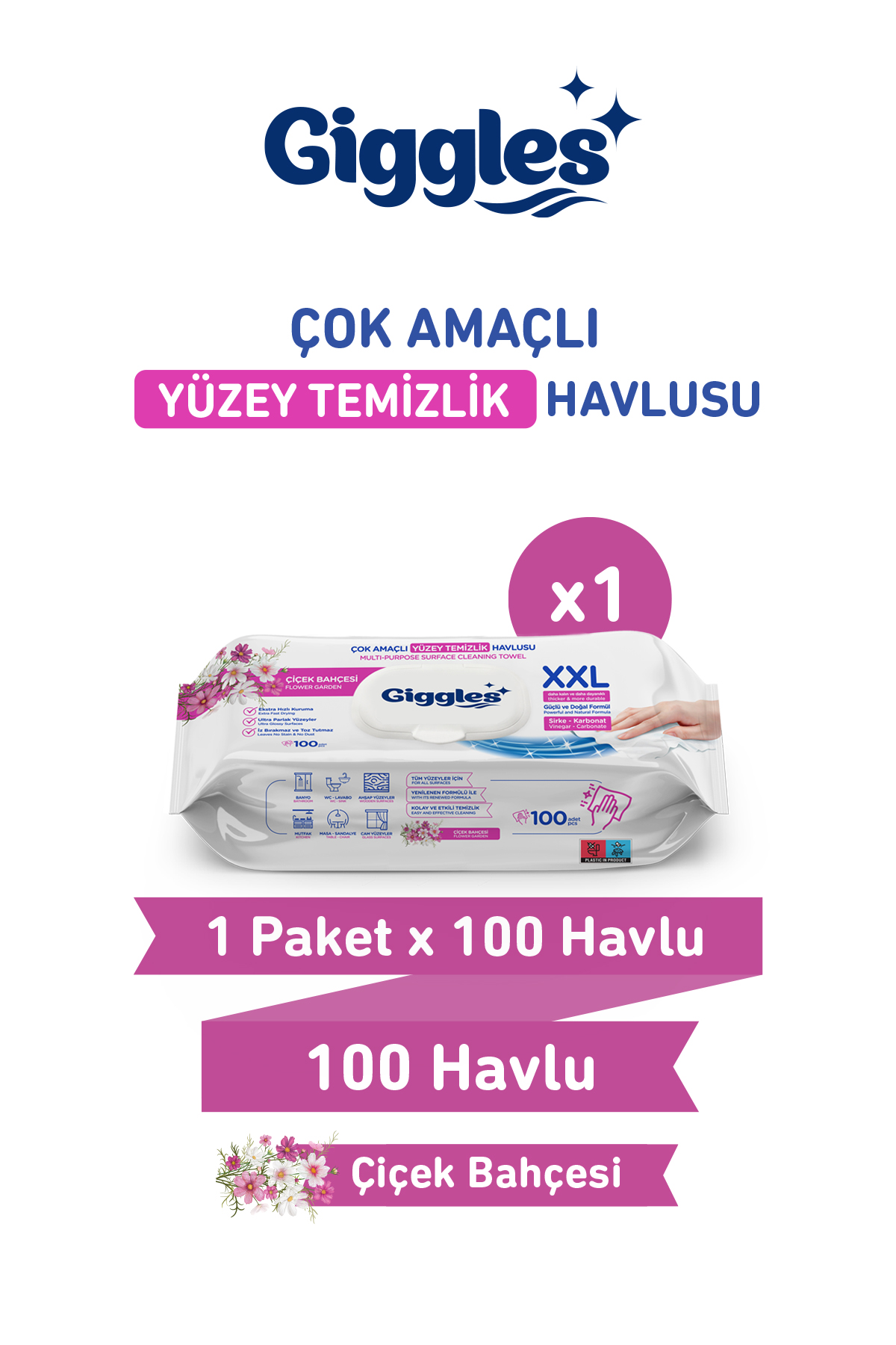 Giggles XXL İz Bırakmayan Yüzey Temizlik Havlusu - (Çiçek Bahçesi) 100 Yaprak